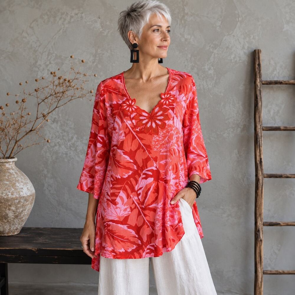 Soft Surroundings Coral Beaded V Neck Knit Top Medium